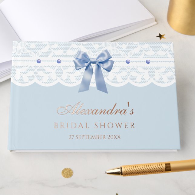 Libro De Visitas Elegante Dusty Blue Pearls Bow Lace Bridal Shower (Subido por el creador)