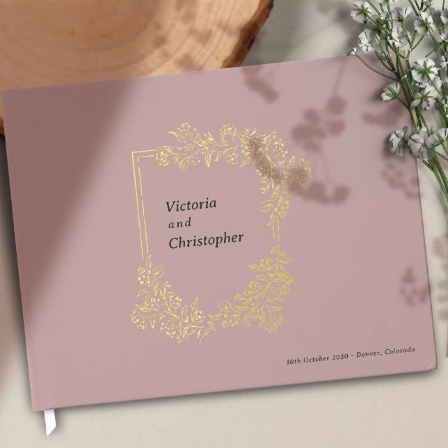 Libro De Visitas Elegante Escudo floral Boda botánico clásico (Elegant Romantic Wedding Guest Book with Gold Foil)