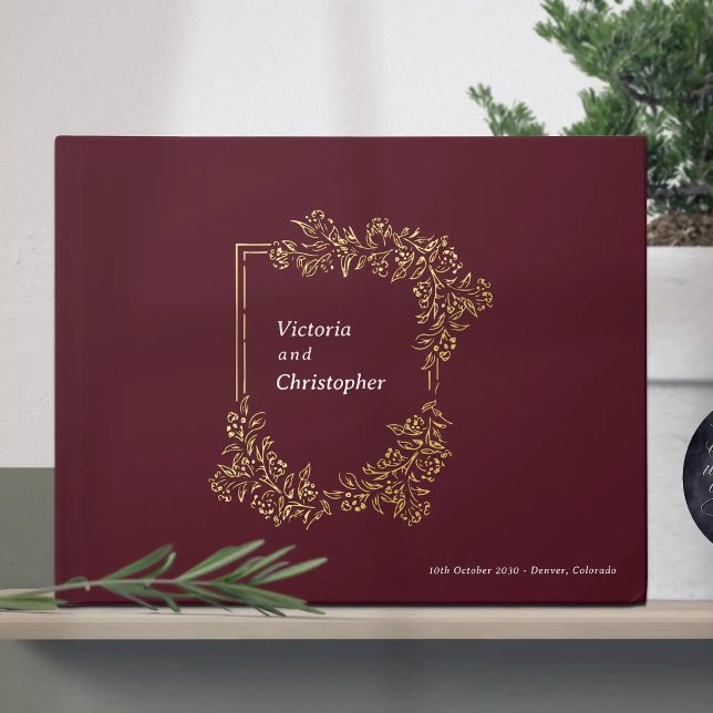Libro De Visitas Elegante Escudo floral Boda botánico clásico (Elegant Romantic Wedding Guest Book with Gold Foil)