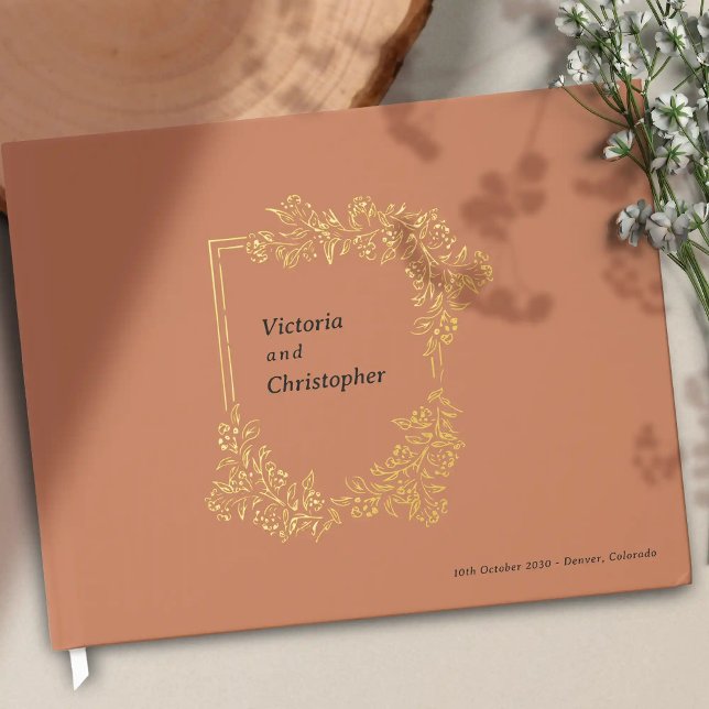 Libro De Visitas Elegante Escudo floral Boda botánico clásico (Elegant Romantic Wedding Guest Book with Gold Foil)