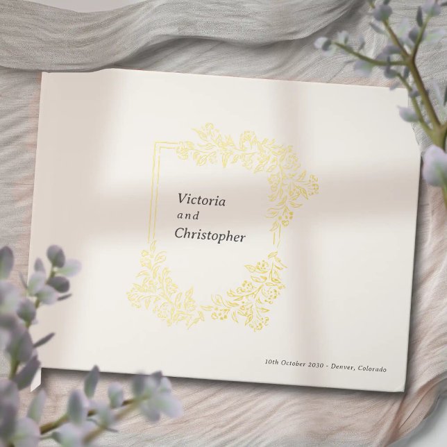 Libro De Visitas Elegante Escudo floral Boda botánico clásico (Elegant Romantic Wedding Guest Book with Gold Foil)