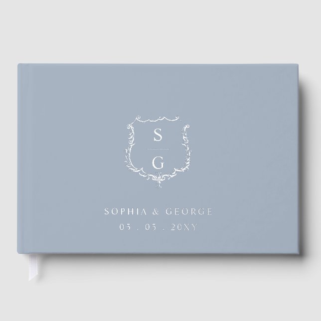 Libro De Visitas Elegante Escudo Monograma Boda Dusty Blue Silver (Anverso)
