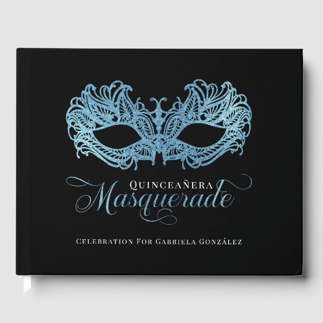 Libro De Visitas Elegante Esparkling Blue Masquerade Quinceanera (Anverso)