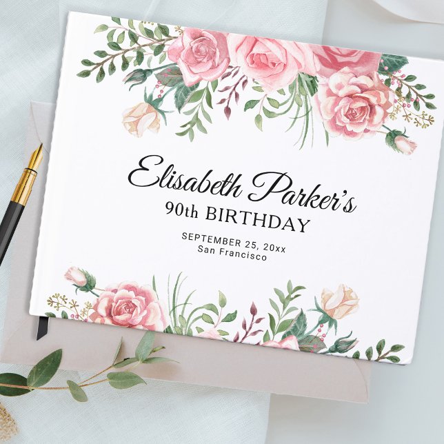 Libro De Visitas Elegante fiesta de cumpleaños 90 con flores rosada (Subido por el creador)