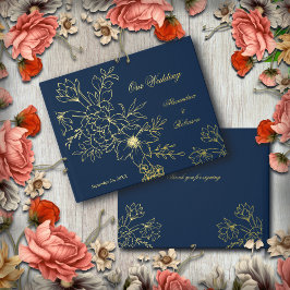 Libro De Visitas Elegante flor dorada floral Boda azul