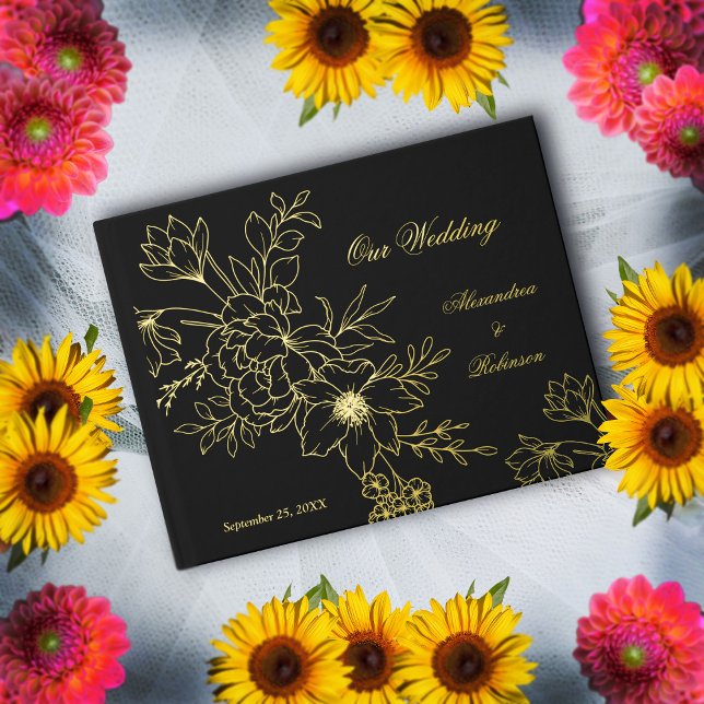 Libro De Visitas Elegante flor dorada floral Boda negro (Elegant Gold Floral Flowers Wedding Black Guest Book is  great keepsake for guest to sign. )