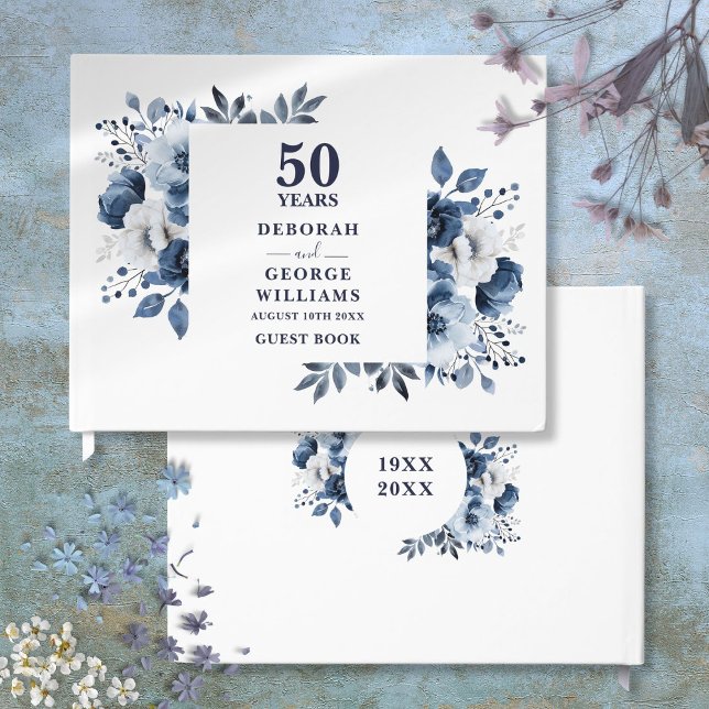 Libro De Visitas Elegante floral azul de la marina 50° aniversario  (Elegant Navy Blue Floral 50th Wedding Anniversary Guest Book)
