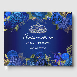 Libro De Visitas Elegante Floral Azul Diamante Tiara Quinceanera