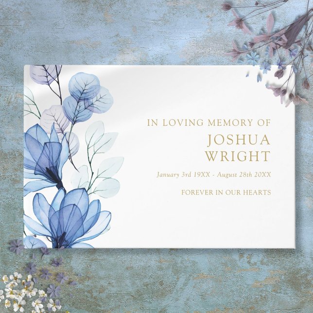 Libro De Visitas Elegante Floral Azul En Memoria Funeral (Elegant Blue Floral In Loving Memory Funeral Guest Book)