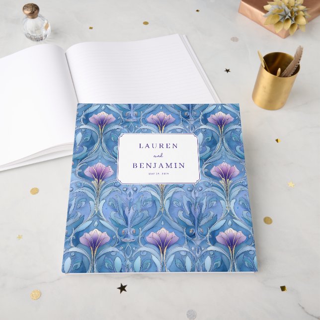 Libro De Visitas Elegante Floral Azul Ornamentado (Anverso Abierto)