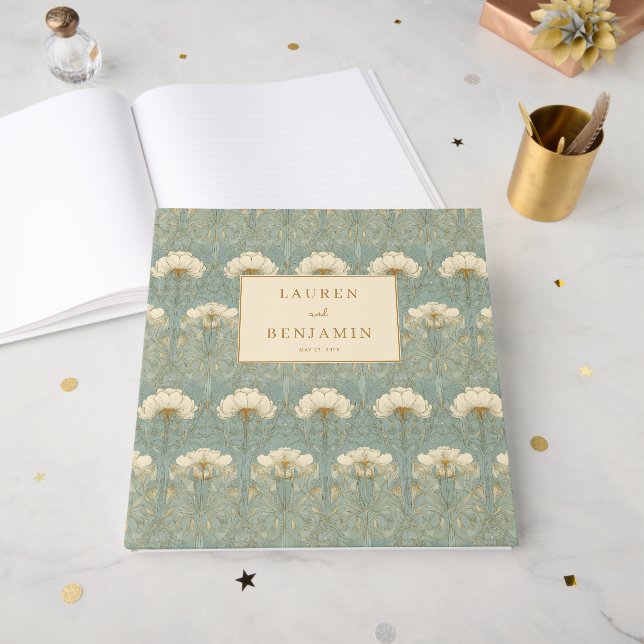 Libro De Visitas Elegante Floral Botánico Verde Acuario (Anverso Abierto)