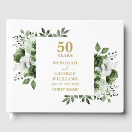 Libro De Visitas Elegante Floral de Verde 50 Aniversario de Boda 