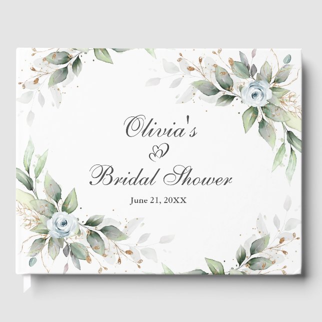 Libro De Visitas Elegante Floral Dusty Blue Greenery Bridal Shower (Anverso)