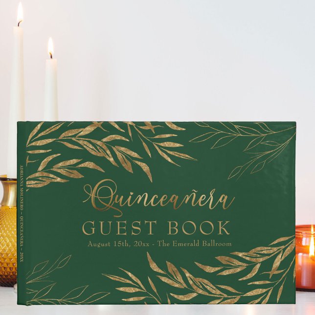 Libro De Visitas Elegante Foliage Green y Quinceanera de Oro (Elegant Quinceanera Guest Book in emerald green from my Gold Leaf Collection)