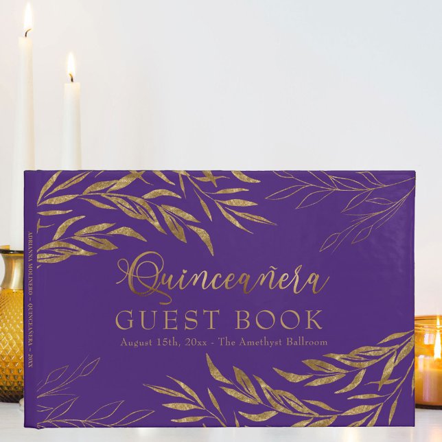 Libro De Visitas Elegante Foliage Purple and Gold Quinceanera (Quinceanera guest book signature book, in purple, from my Gold Leaf Collection
)