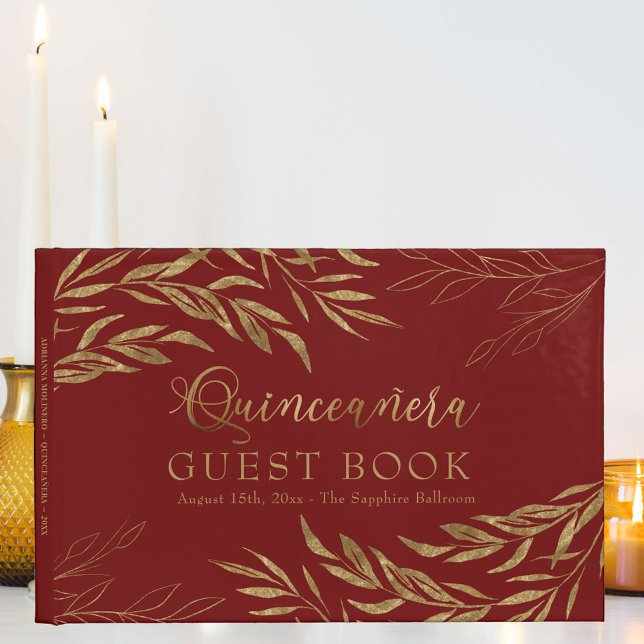 Libro De Visitas Elegante Foliage Red and Gold Quinceanera (Quinceanera signature book in red and gold, from my Gold Leaf Collection
)