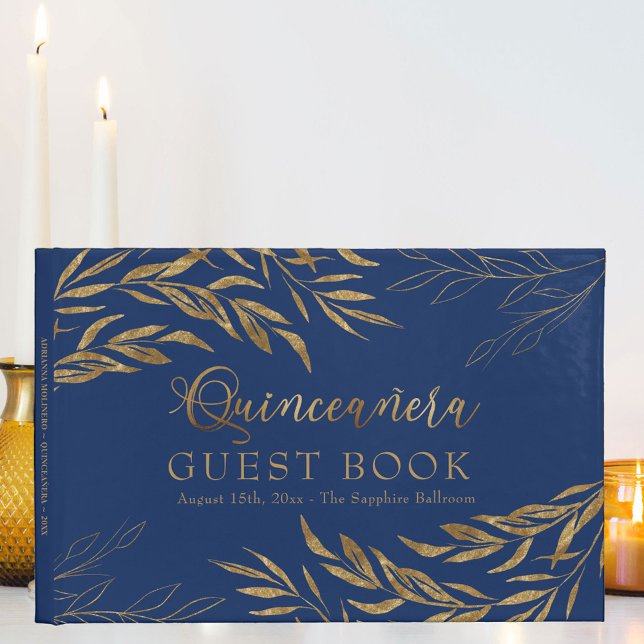 Libro De Visitas Elegante Foliage Royal Blue y Gold Quinceanera (Quinceanera signature book in blue, from my Gold Leaf Collection)