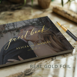 Libro De Visitas Elegante foto boda de caligrafía de oro negro