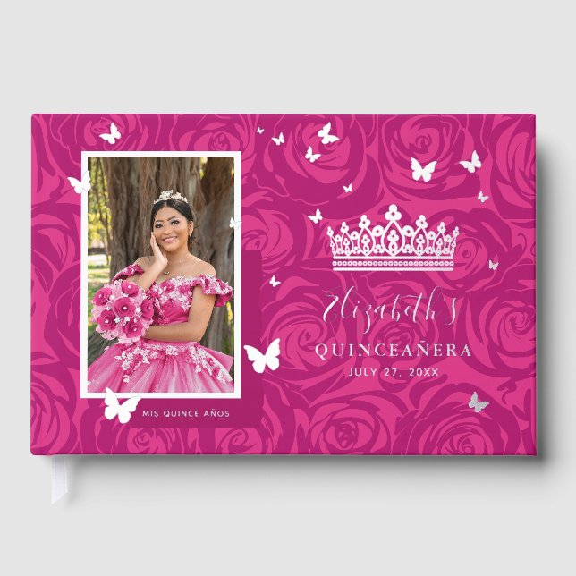 Libro De Visitas Elegante Foto Fuchsia Quinceanera (Anverso)