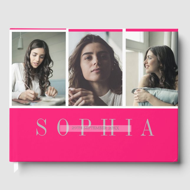 Libro De Visitas Elegante foto personal 3 foto bat Mitzvah Rosa (Anverso)