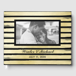 Libro De Visitas Elegante foto pintura negra dorada rayada boda