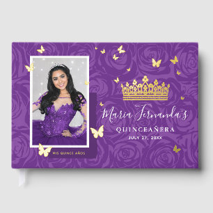 Libro De Visitas Elegante Foto Quinceañera Púrpura Oro Real