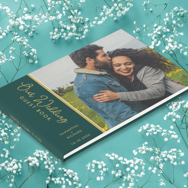 Libro De Visitas Elegante Foto Verde Esmeralda Y Boda De Oro (Elegant Photo Emerald Green And Gold Wedding guest book sign in)