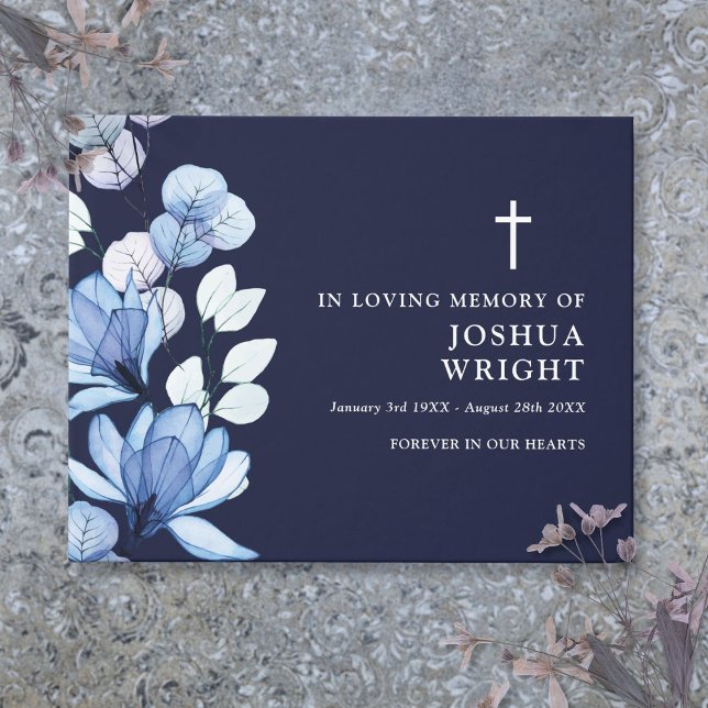 Libro De Visitas Elegante funeral cristiano floral azul de la marin (Elegant Navy Blue Floral Christian Funeral Guest Book)