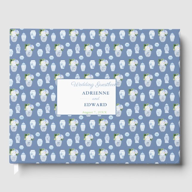 Libro De Visitas Elegante Ginger Jars Boda Azul Y Blanco (Anverso)