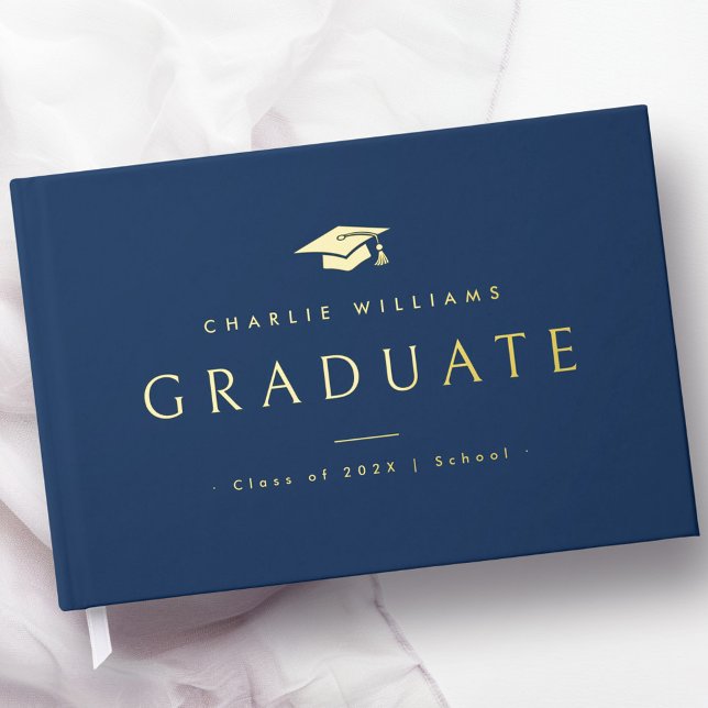 Libro De Visitas Elegante gorro de graduación azul oscuro (Elegant dark blue graduation cap graduate name foil guest book)