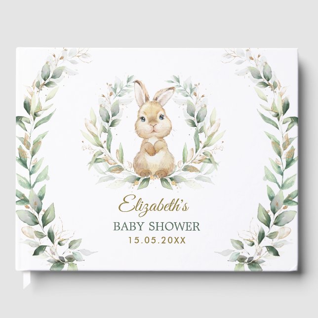 Libro De Visitas Elegante Greenery Gold Bunny Rabbit Baby Shower (Anverso)