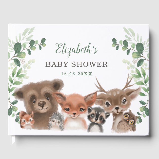 Libro De Visitas Elegante Greenery Woodland Animals Baby Shower (Anverso)