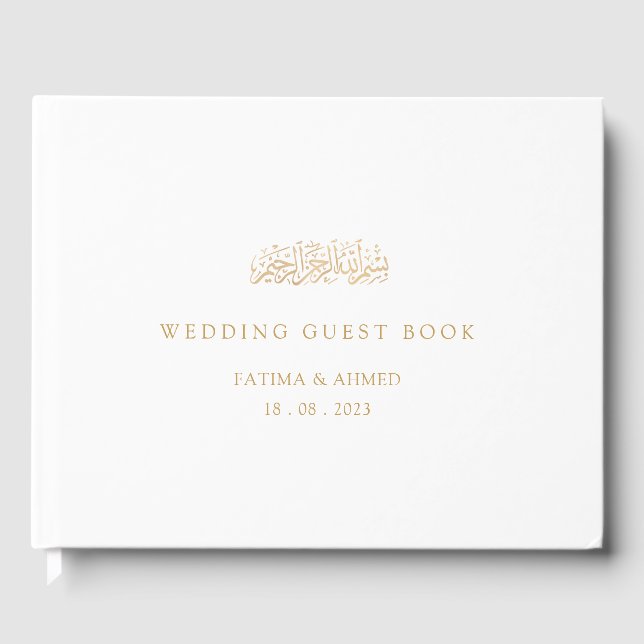 Libro De Visitas Elegante guión blanco Boda musulmán de oro mínimo (Anverso)