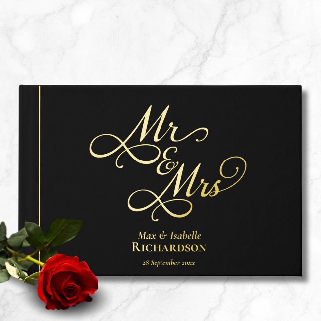 Libro De Visitas Elegante guión caligrafía Boda oro (Classic romantic minimalist black and gold foil wedding guest book custom names and wedding date)