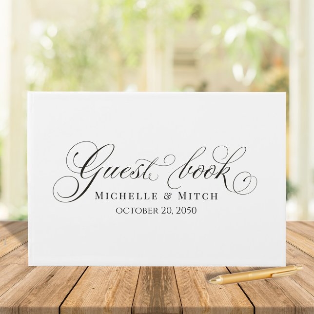 Libro De Visitas Elegante guión de caligrafía en blanco y negro (Wedding guest book simple calligraphy script minimalist black and white. )