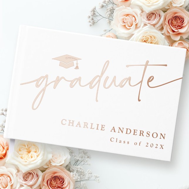 Libro De Visitas Elegante guión de graduación gorra de graduación n (Elegant graduation script graduate cap name white foil guest book)