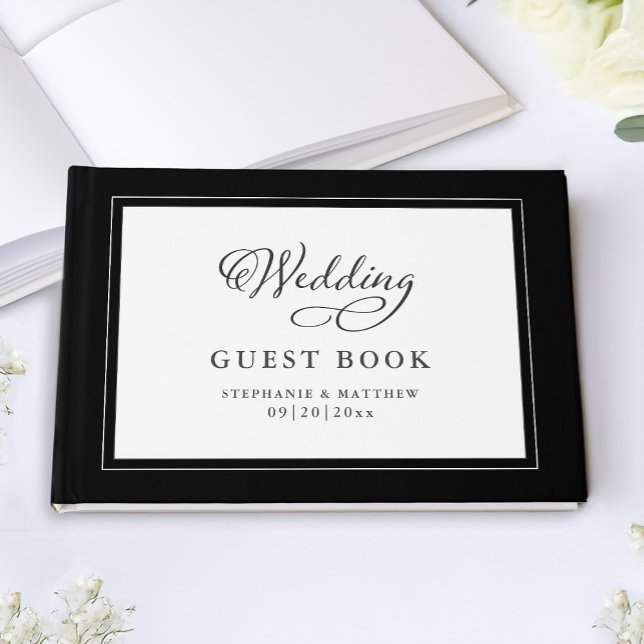 Libro De Visitas Elegante guión de nombres modernos Boda negro y bl (Elegant Script Modern Names Wedding Black & White Guest Book)