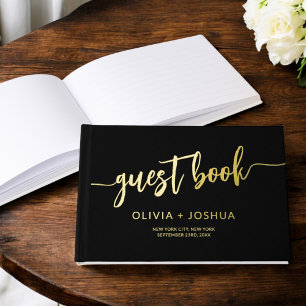 Libro De Visitas Elegante guión Minimalista de foto de oro negro