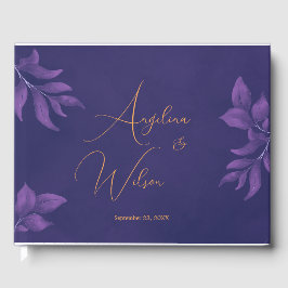 Libro De Visitas Elegante guión morado esmeralda y Boda de oro