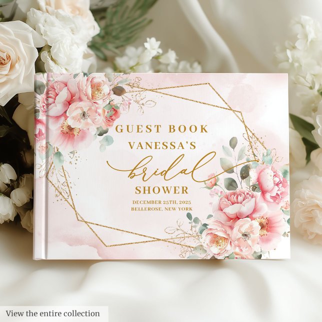 Libro De Visitas Elegante Juego de Duchas de Novia Floral con Marco (Elegant Blush Gold Frame Floral Bridal Shower Guest Book)