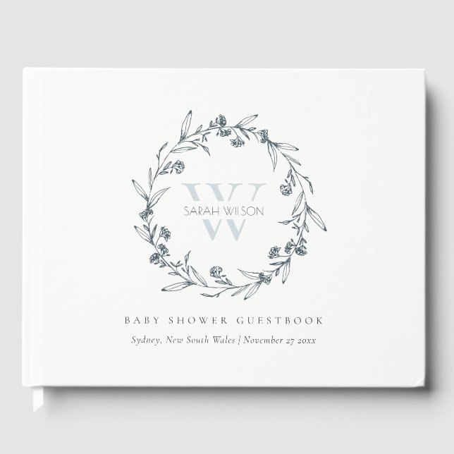 Libro De Visitas Elegante Laurel Floral Wreath Monograma Baby Showe (Anverso)