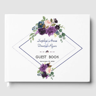 Libro De Visitas Elegante Lavanda Boda azul de la Marina Floral Púr