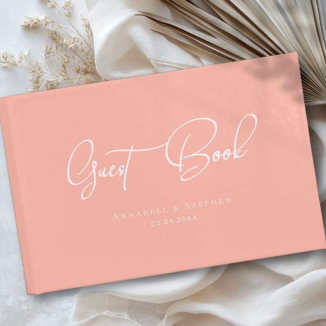 Libro De Visitas Elegante, letra manuscrita, melocotón, Boda (Elegant, Script Font, Coral-Peach, Wedding Guest Book)