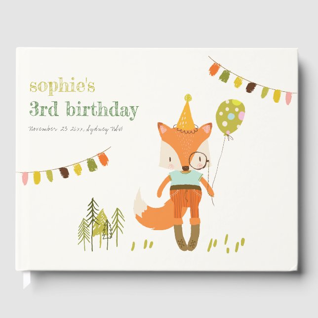 Libro De Visitas Elegante lindo Woodland Fiesta Fox Kids Cumpleaños (Anverso)