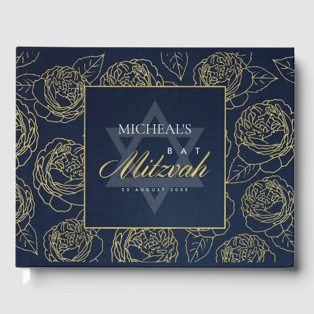 LIBRO DE VISITAS ELEGANTE LUX NAVY GOLD ROSA FLORAL BAR BAT MITZVAH (Anverso)