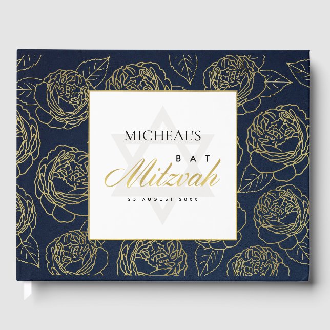 LIBRO DE VISITAS ELEGANTE LUX NAVY GOLD ROSA FLORAL BAR BAT MITZVAH (Anverso)