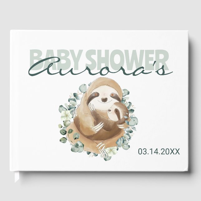 Libro De Visitas Elegante mamá bebé Sloth Greenery Baby Shower Gues (Anverso)