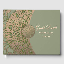 Libro De Visitas Elegante Mandala clásica de color verde sabio y or