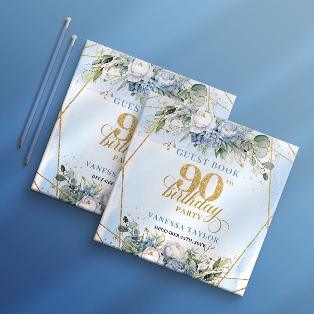 Libro De Visitas Elegante marco de vegetación azul polvoriento de 9 (Elegant 90th Birthday Dusty Blue Greenery Frame Guest Book

)