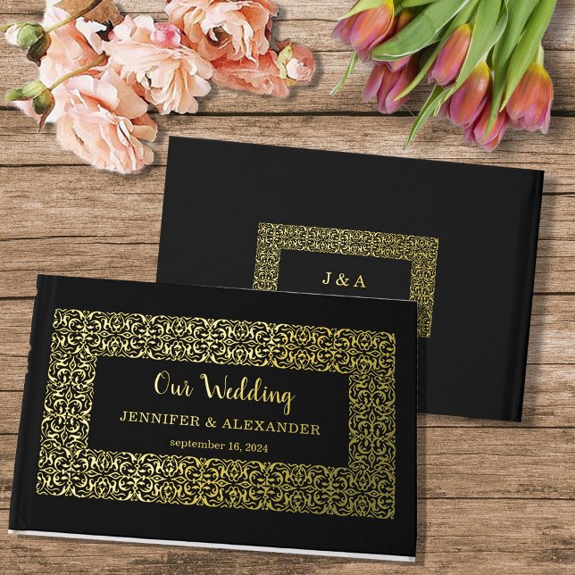 Libro De Visitas Elegante marco dorado de moda sobre Relieve metali (Chic elegant frame, monogrammed gold foil wedding guestbook.)
